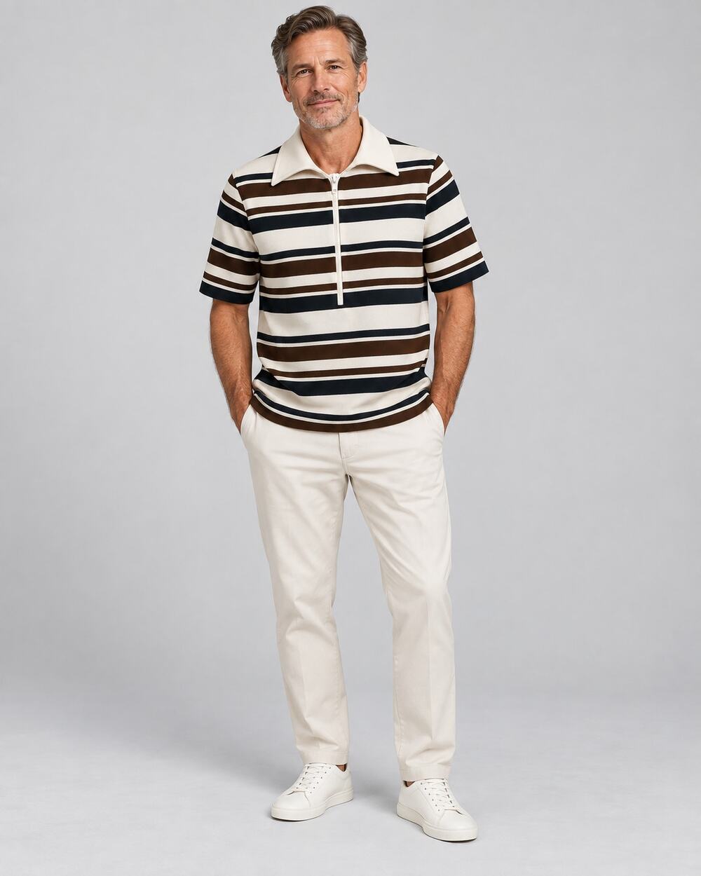 Vintage 1970s Dalton Men’s Striped Half-Zip Polo 38" Chest SMALL